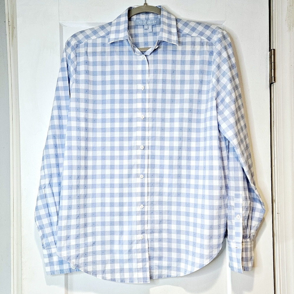 Hill House Blue Gingham Button Down Shirt Embroidered Cotton Top Small
